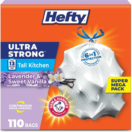 Hefty Ultra Strong 13 Gallon Kitchen Bin Bags, Lavender Vanilla, 110 Count