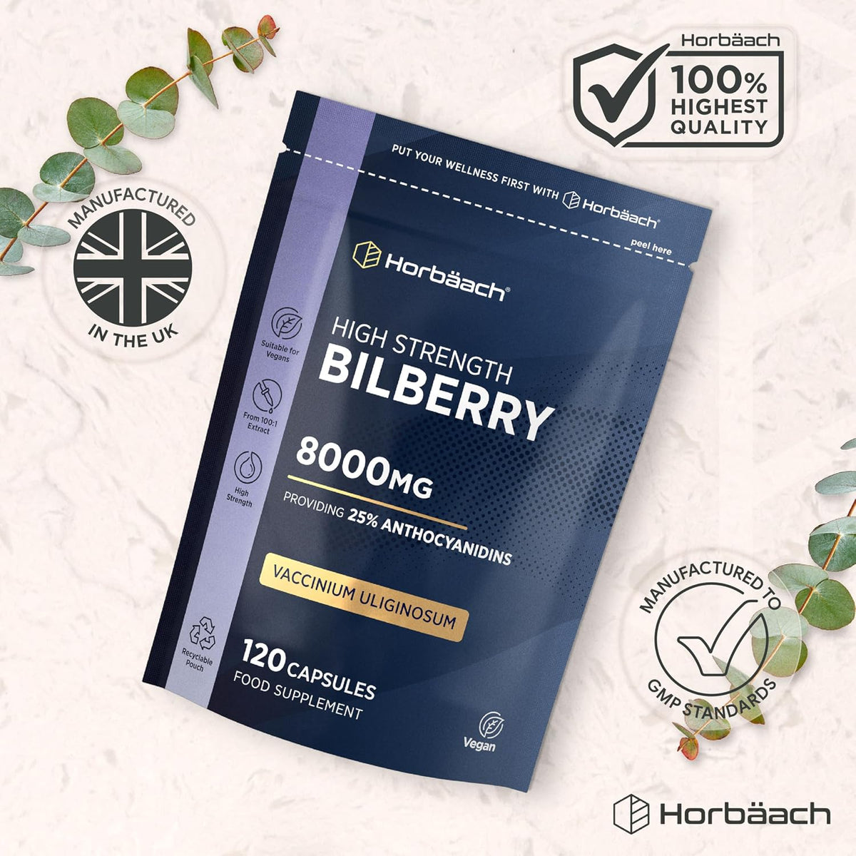 Horbäach Bilberry Extract Capsules 8,000mg, 25% Anthocyanidins - view 5