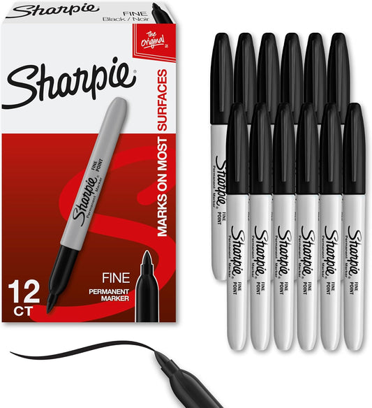 Sharpie Permanent Markers, Fine Tip, Black, 12 Count