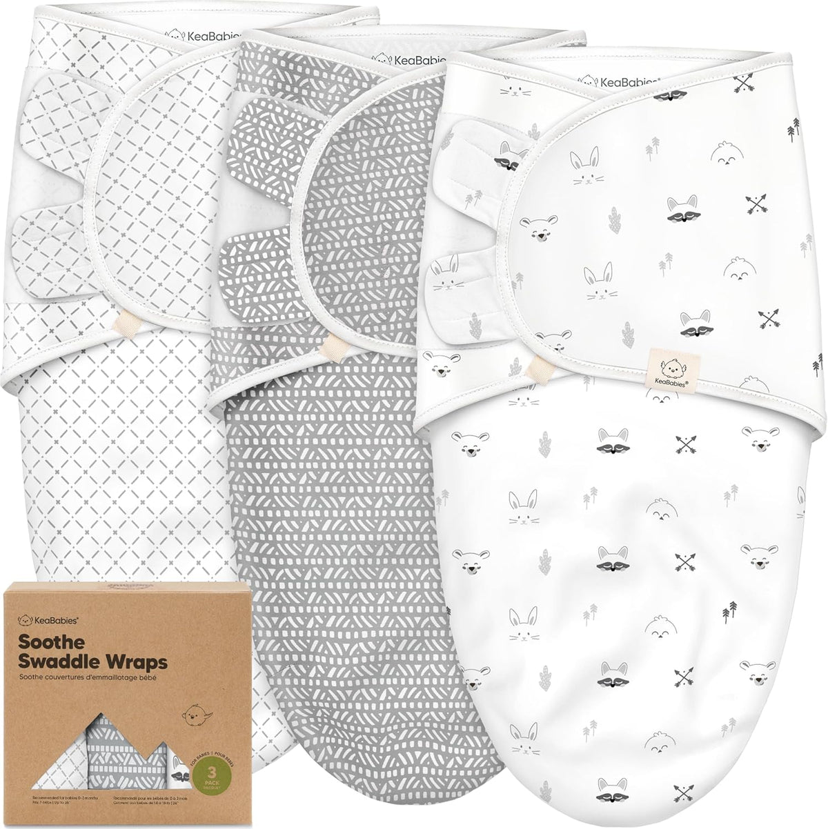 KeaBabies Organic Cotton Baby Swaddles, 0.5 TOG, Nordic, 0-3M, Pack of 3