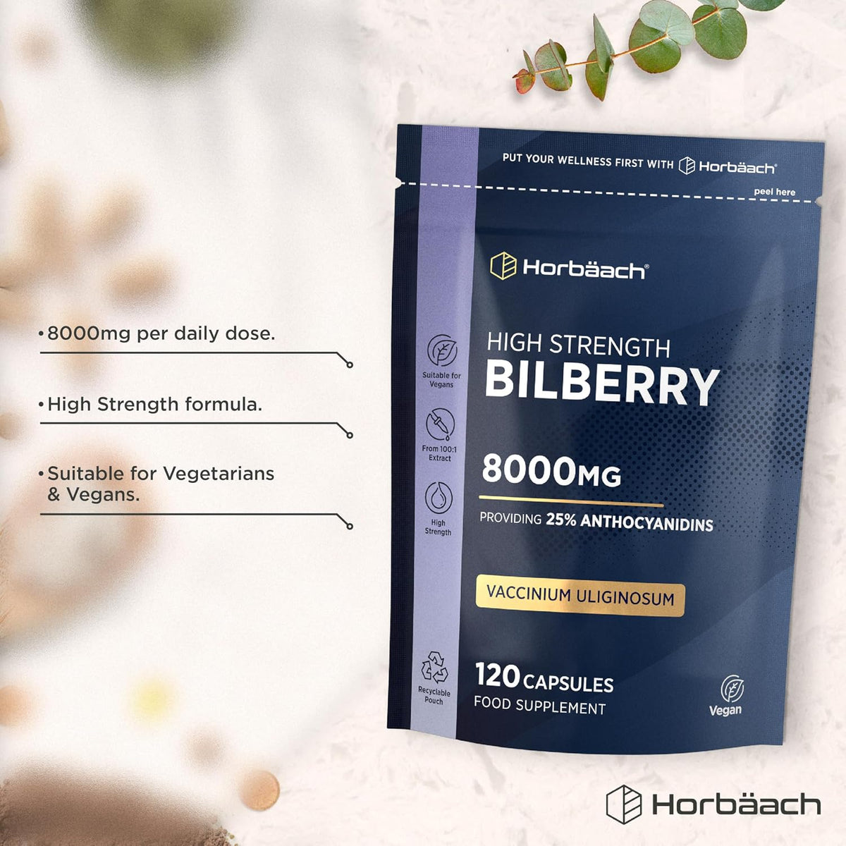 Horbäach Bilberry Extract Capsules 8,000mg, 25% Anthocyanidins - view 2