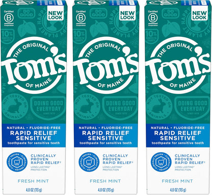Tom's of Maine Rapid Relief Sensitive Natural Toothpaste, Fresh Mint, 3 Pack