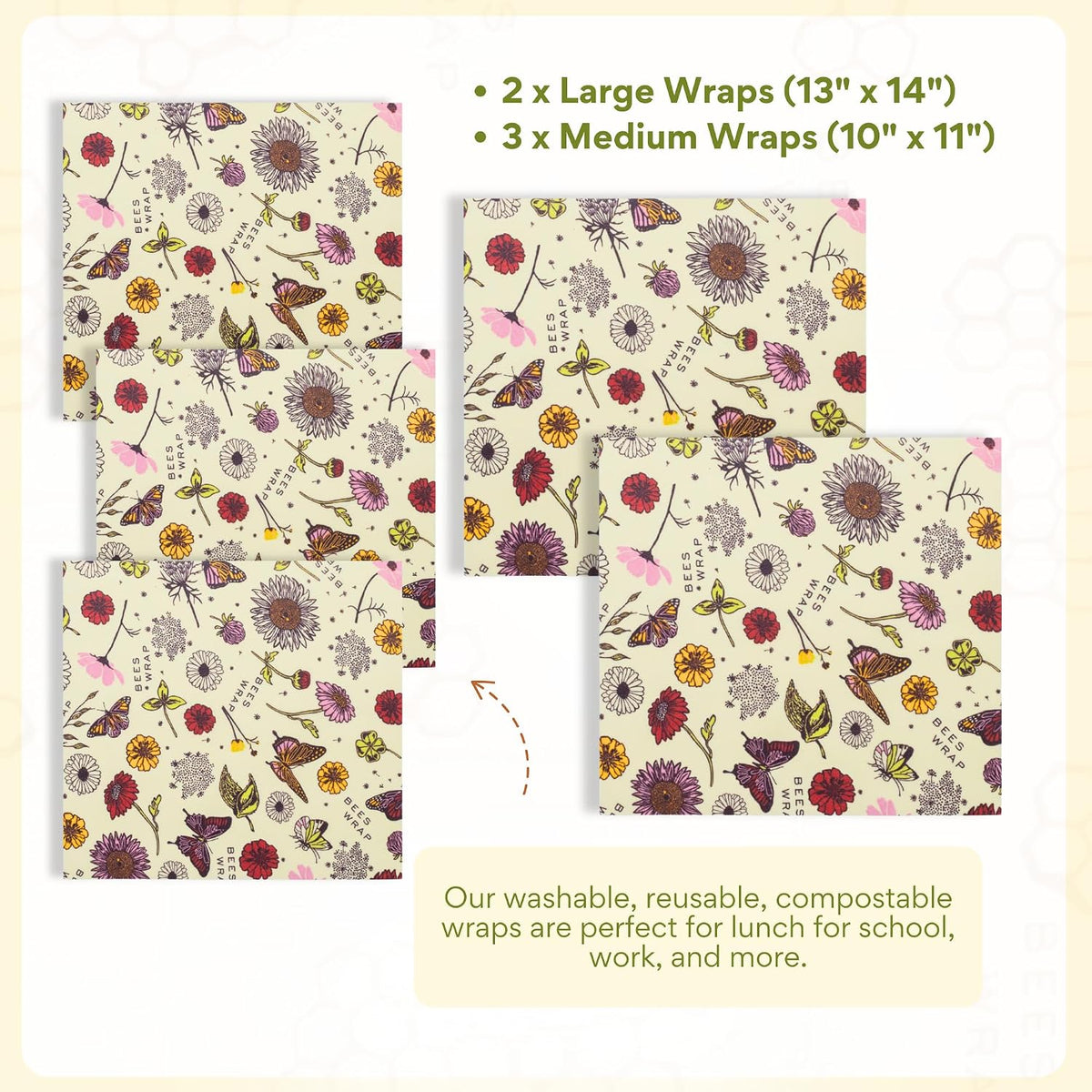 Bee's Wrap Reusable Beeswax Food Wraps, Assorted 5 Pack, Meadow Magic - view 3