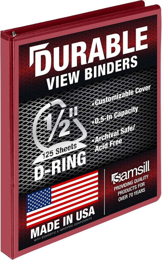 Samsill Durable 0.5 Inch D-Ring Binder, Red, Clear View Cover