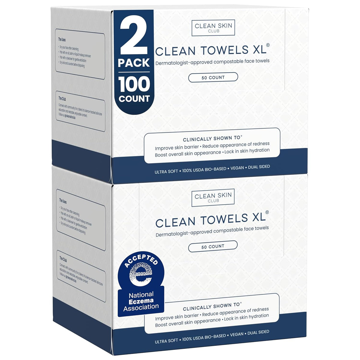 Clean Skin Club Clean Towels XL Disposable Face Towels, 2 x 50 Count