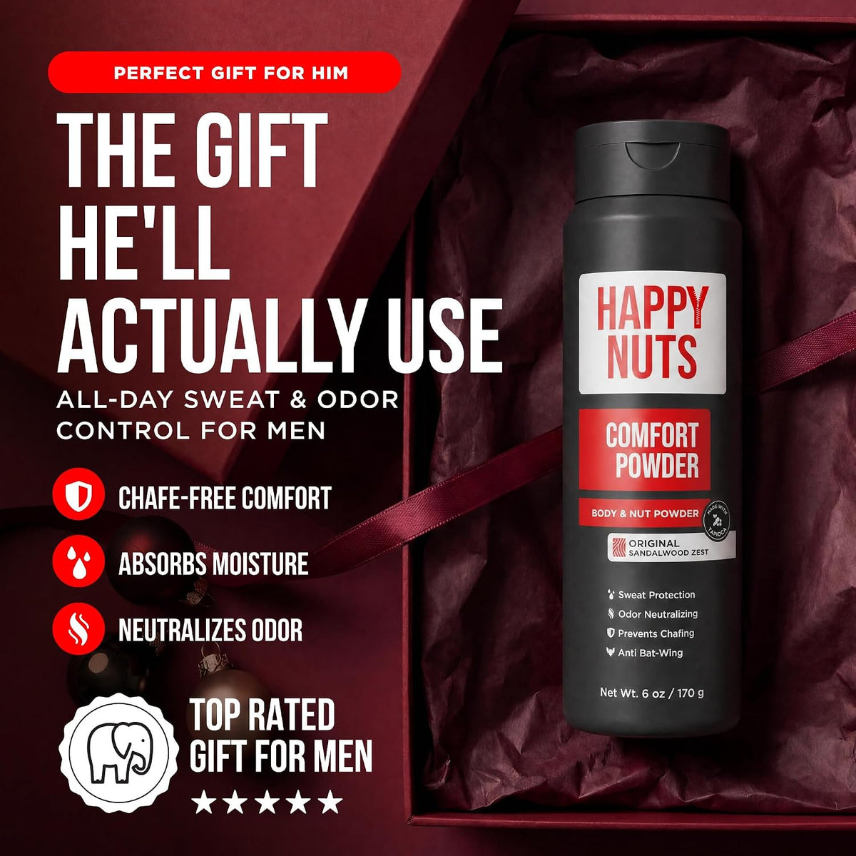 Happy Nuts Comfort Powder Deodorant for Men, Original Scent, 6 oz (168 g) — alternate product view