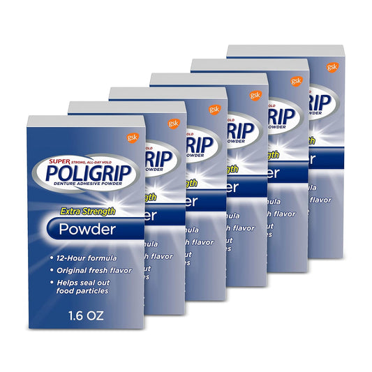Poligrip Super Denture Adhesive Powder, Extra Strength, 6 x 1.6 oz