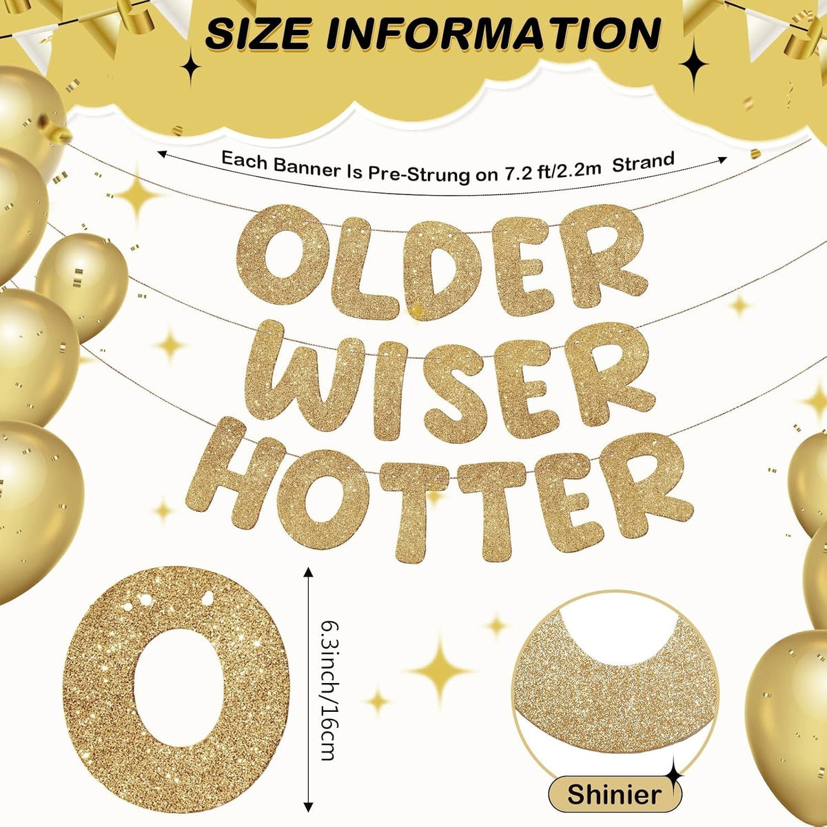 Fulmoon Older Wiser Hotter Birthday Banner, Champagne Gold, 2.2 m - view 3