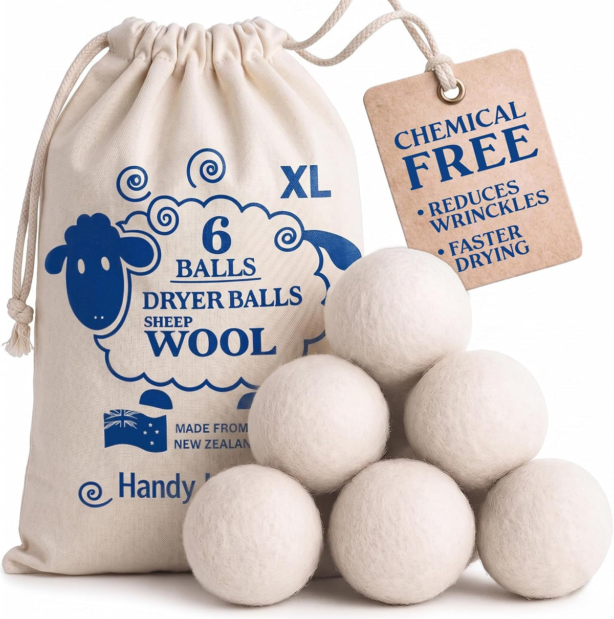 Handy Laundry Wool Dryer Balls, Pack of 6, Reusable — product view