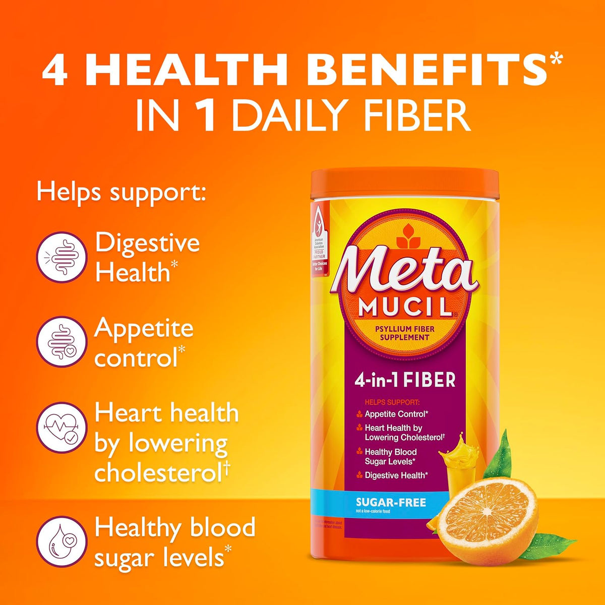 Metamucil Psyllium Husk Fibre Supplement, Sugar-Free, Orange, 72 Teaspoons - view 3