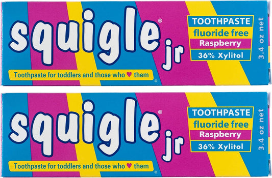 Squigle Jr Kids Fluoride-Free Xylitol Toothpaste Raspberry 2 Pack