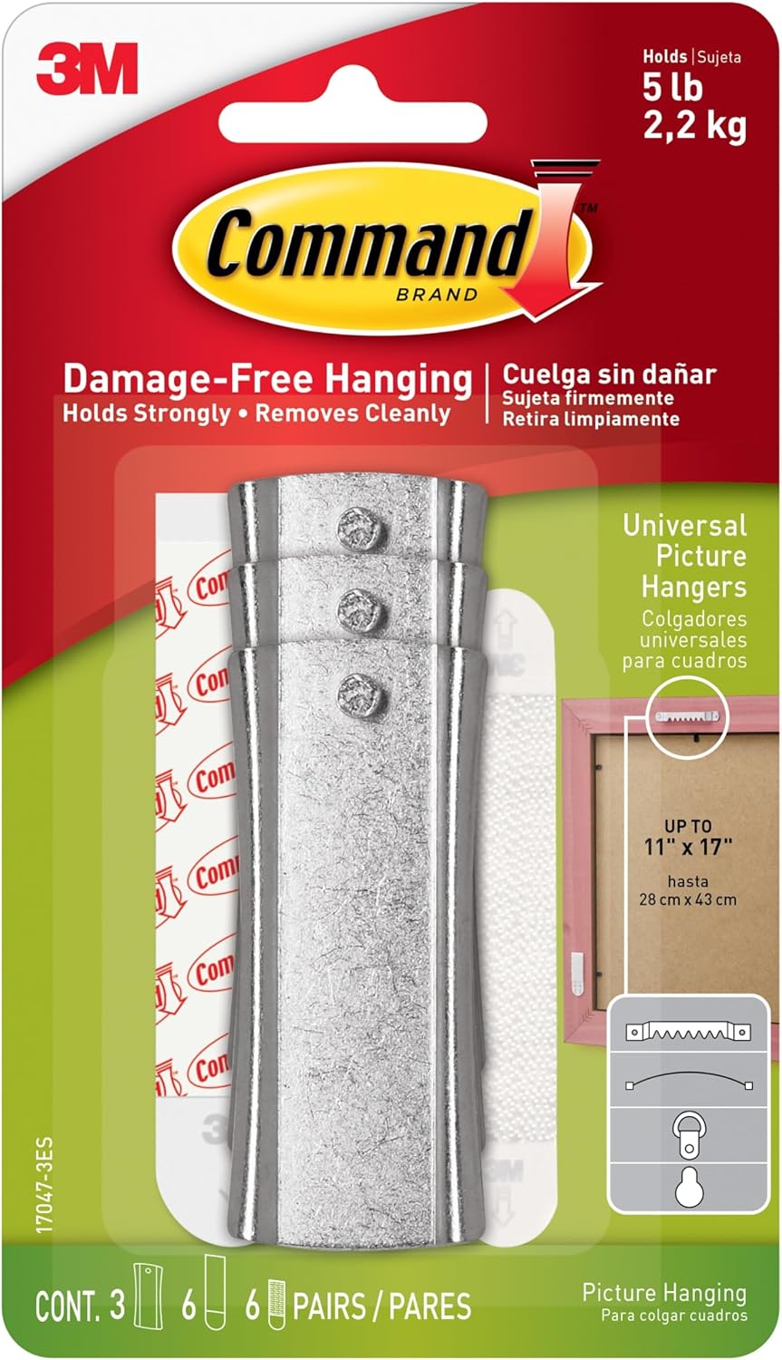Command Universal Picture Hangers, 5 lb, 3 Hangers, 6 Strips