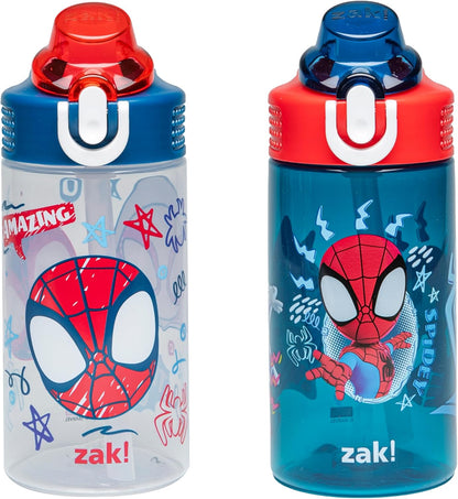 Zak Designs Marvel Spider-Man Sage Kids Water Bottles 16oz with Straw, Set of 2