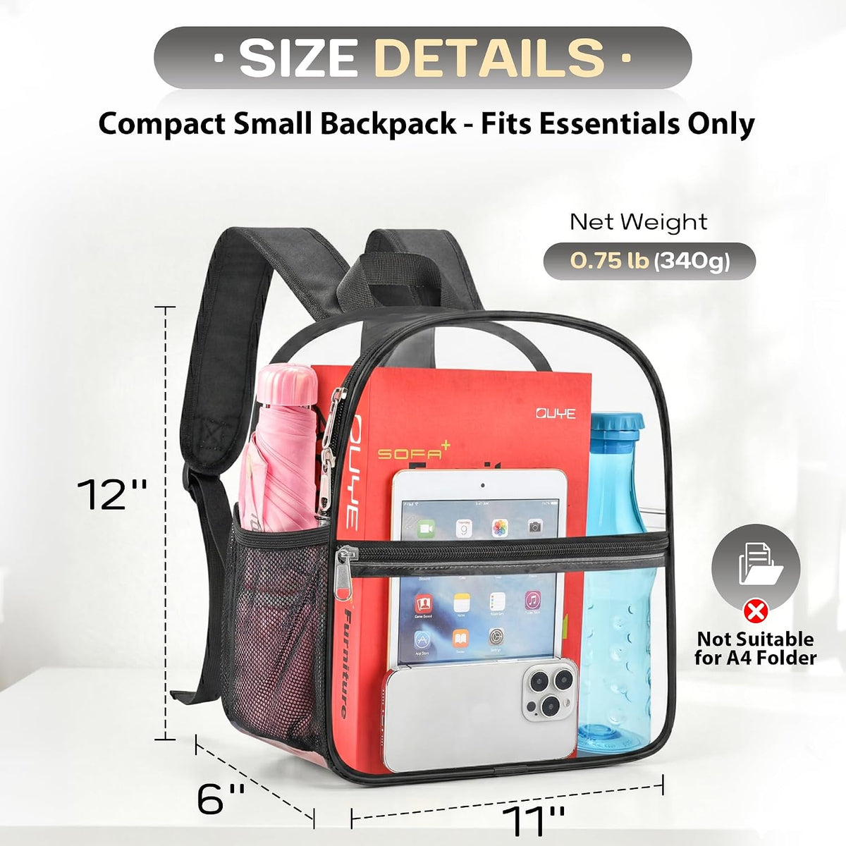 Oraben Clear Stadium Backpack, 12 x 6 x 11 Inch - view 3