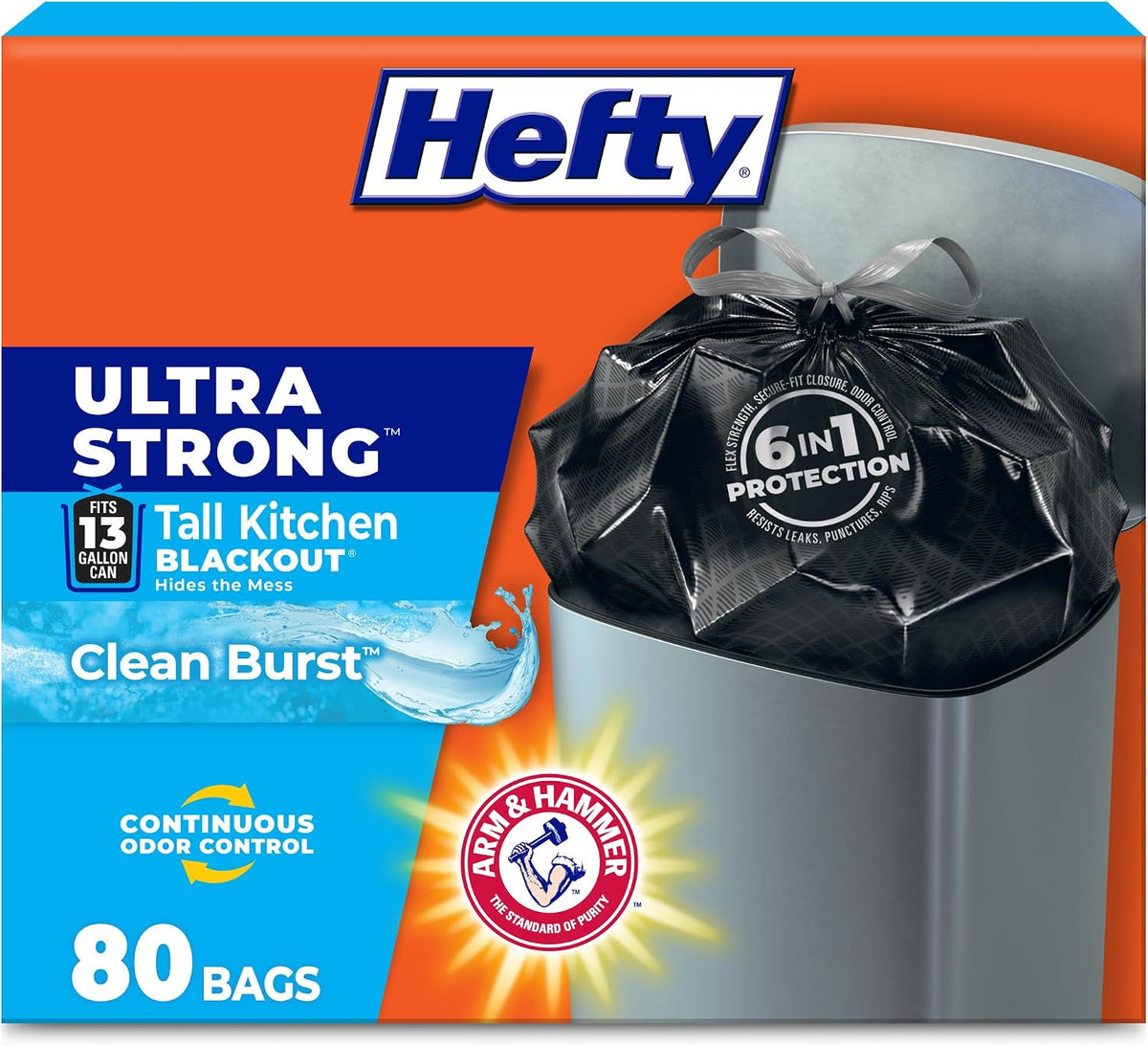 Hefty Ultra Strong 13 Gallon Black Kitchen Bin Bags, Clean Burst, 80 Count