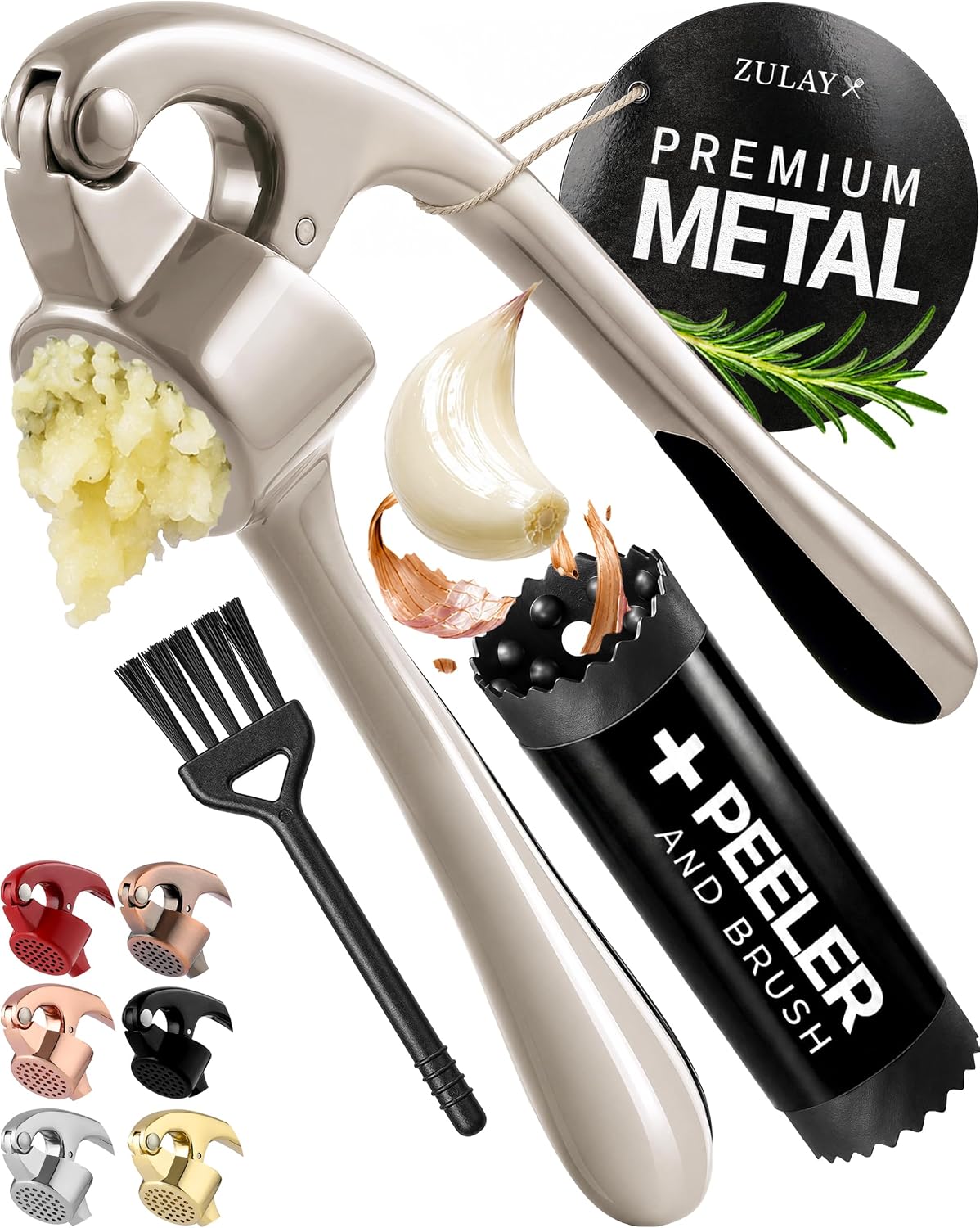 Zulay Kitchen Stainless Steel Garlic Press and Mincer, Silver — product view