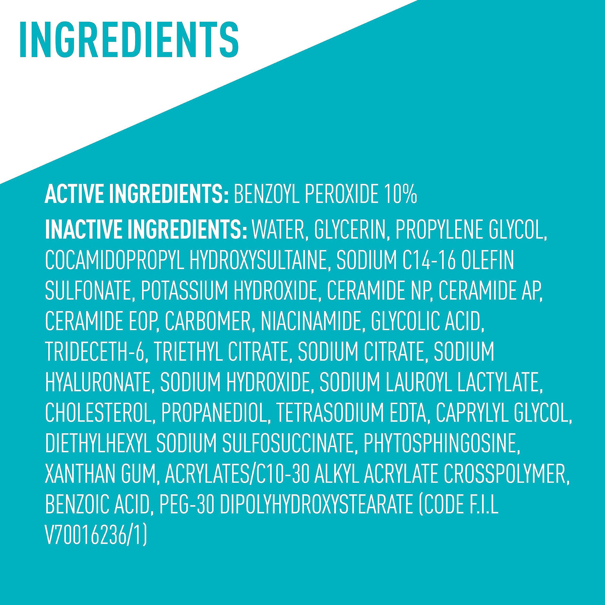 CeraVe Acne Foaming Cream Wash 10% full ingredients list