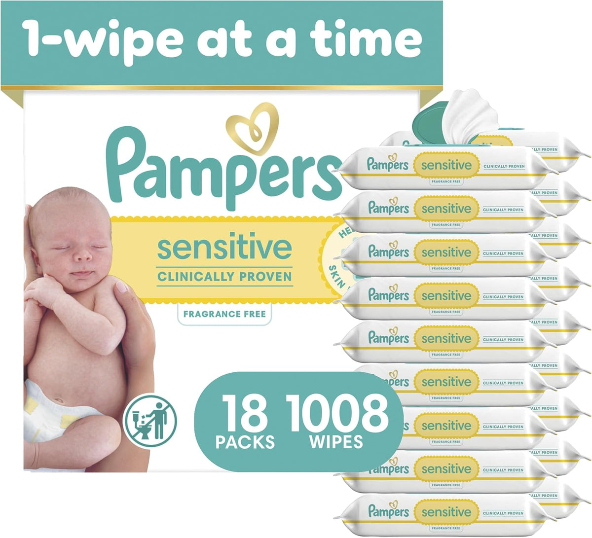 Pampers Sensitive Baby Wipes, Unscented, 1008 Wipes (18 Flip-Top Packs) — product view
