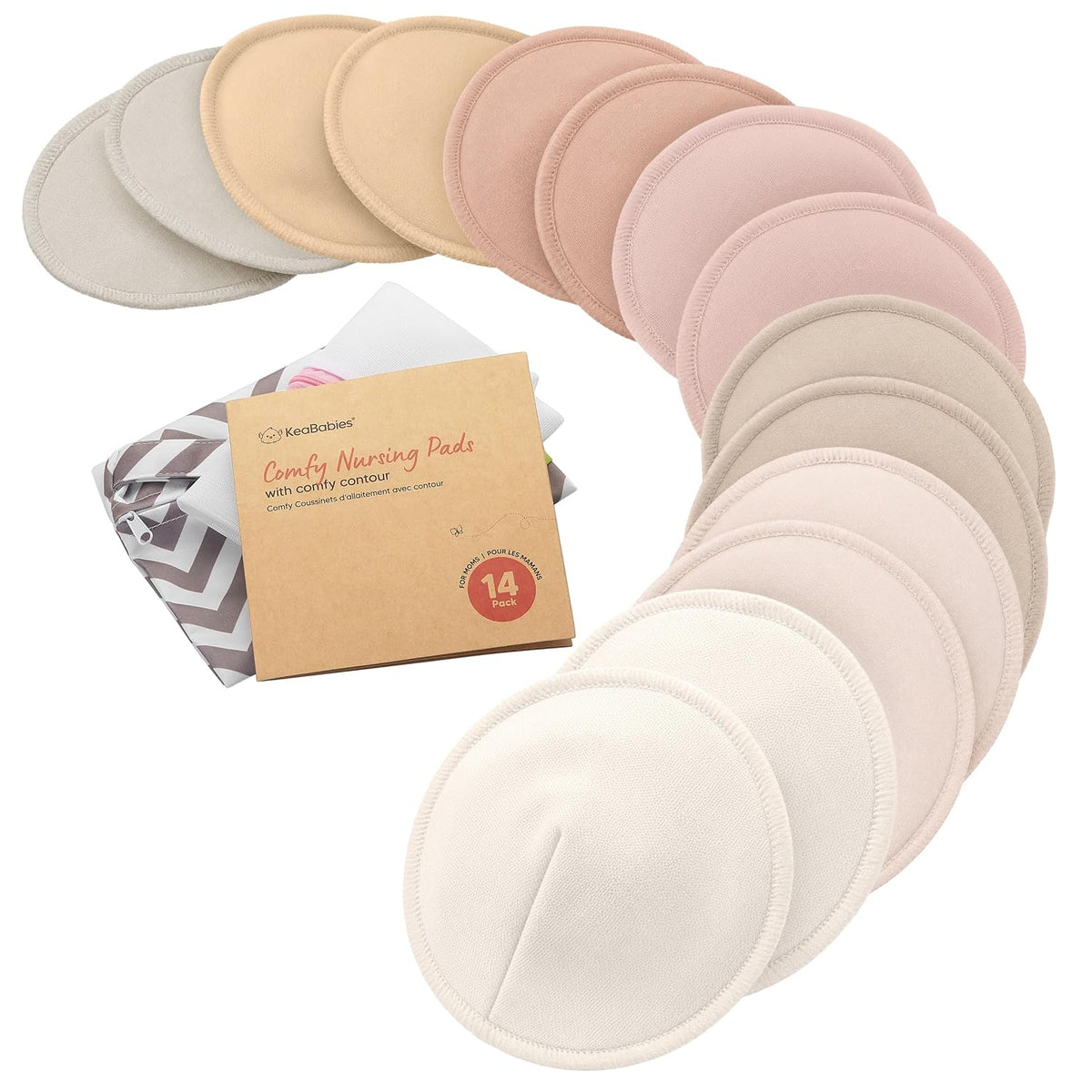 KeaBabies Washable Nursing Pads, 14 Pack, Large 5 Inch, Neutrals