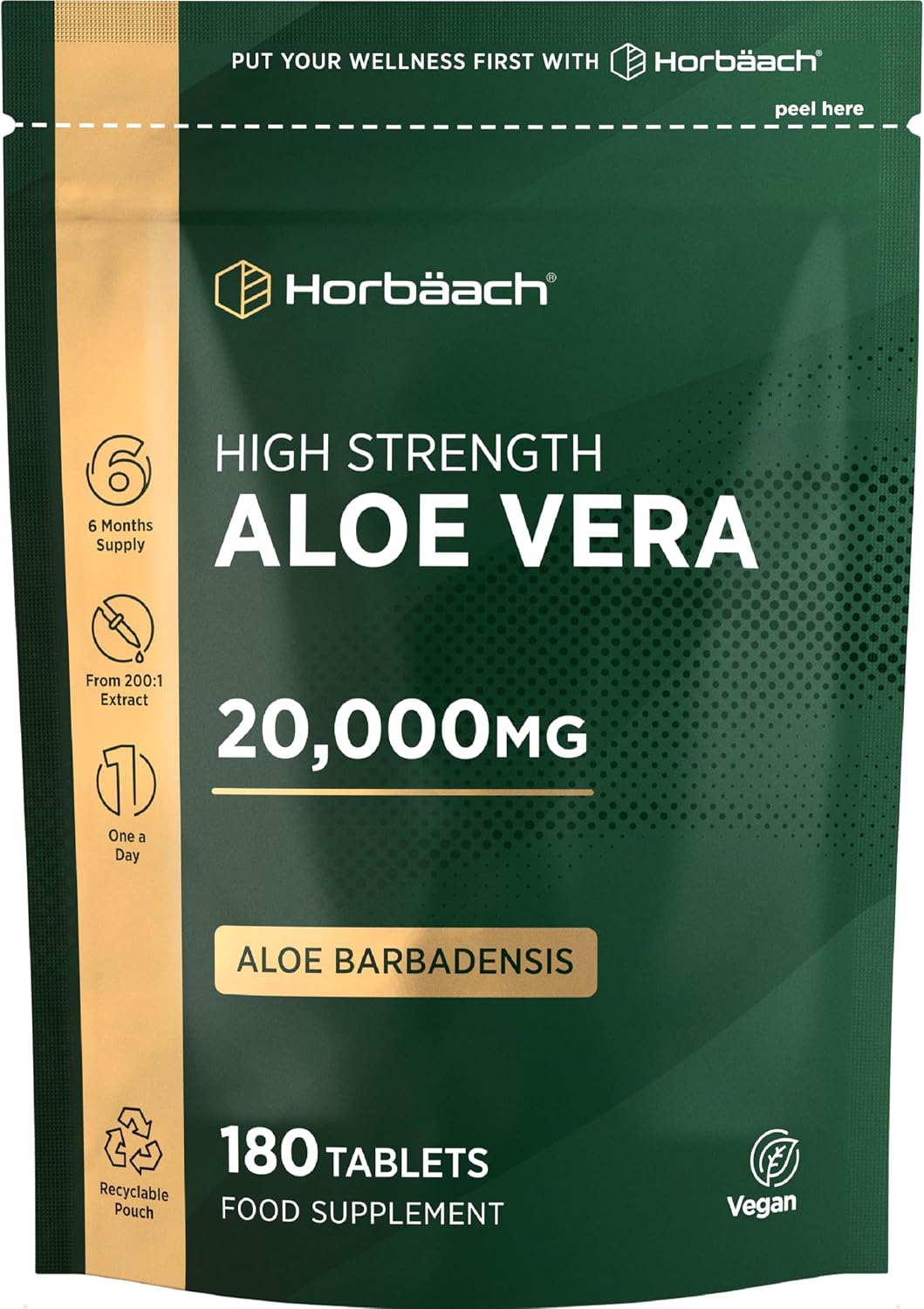 Horbaach Aloe Vera Tablets 20,000mg - 180 Count One-A-Day — product view