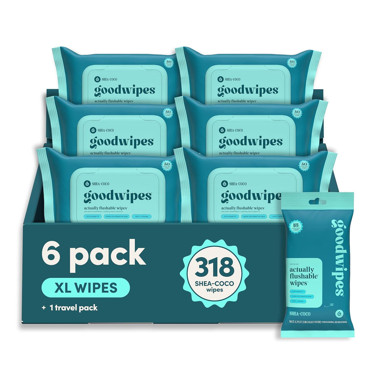 goodwipes Flushable Wipes, Shea-Coco, 318 Wipes (6 Pack + 1 Travel Size) — product view