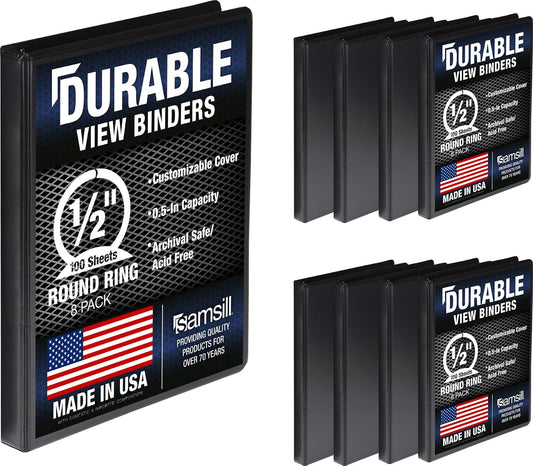 Samsill Durable 0.5 Inch Round Ring View Binders, Black, Pack of 8