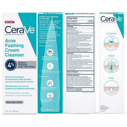 CeraVe Acne Foaming Cream Cleanser, 4% Benzoyl Peroxide Face Wash, 5 Oz