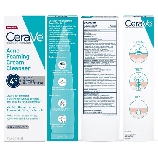 CeraVe Acne Foaming Cream Cleanser 4% Benzoyl Peroxide Face Wash 5 oz