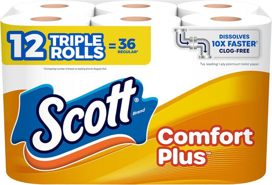 Scott ComfortPlus Toilet Paper, 12 Triple Rolls, 231 Sheets Each