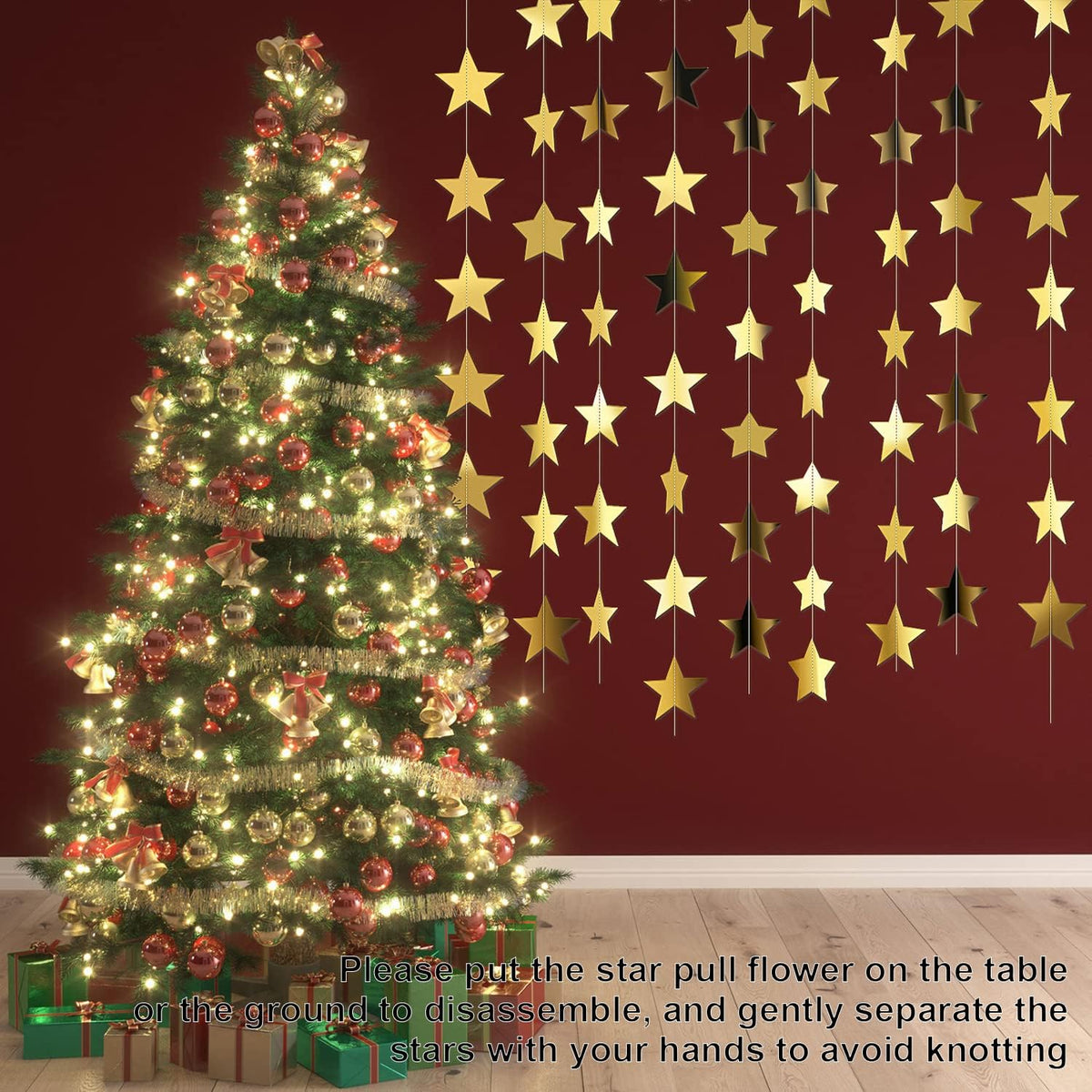 Patelai Gold Star Paper Garland Banner, 10 Strings, 130 ft (40 m) - view 6