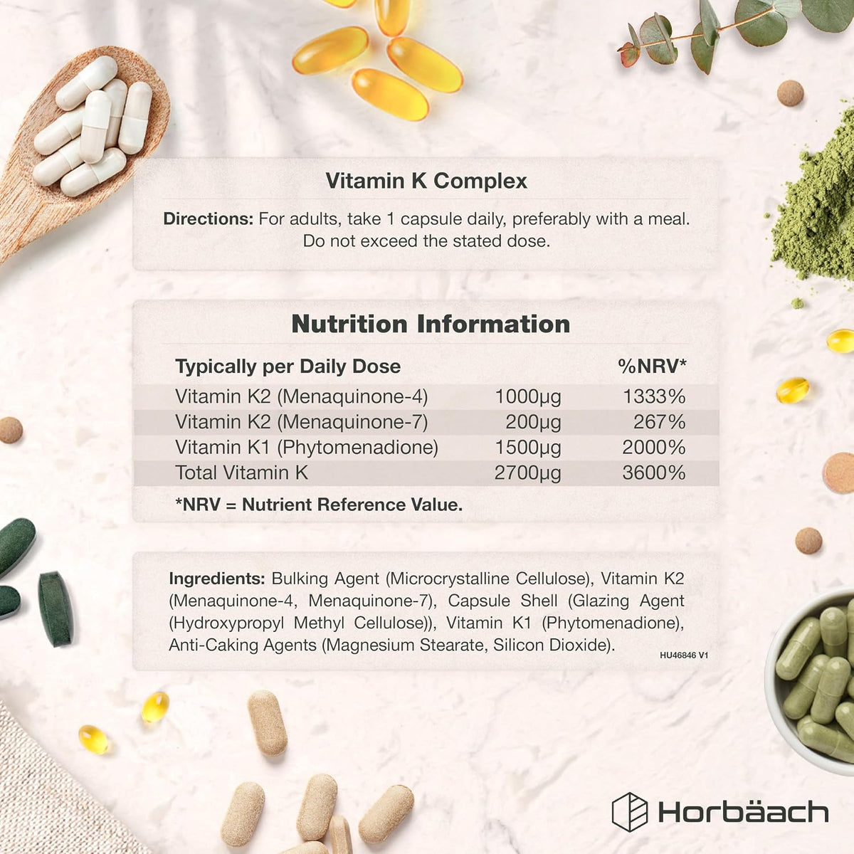 Horbaach Vitamin K Complex Capsules 2700 mcg, Vitamin K2 MK-4 + K1 - view 3