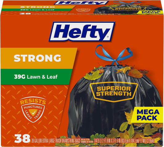 Hefty Strong Lawn and Leaf 39 Gallon Bags, Black, Unscented, 38 Count