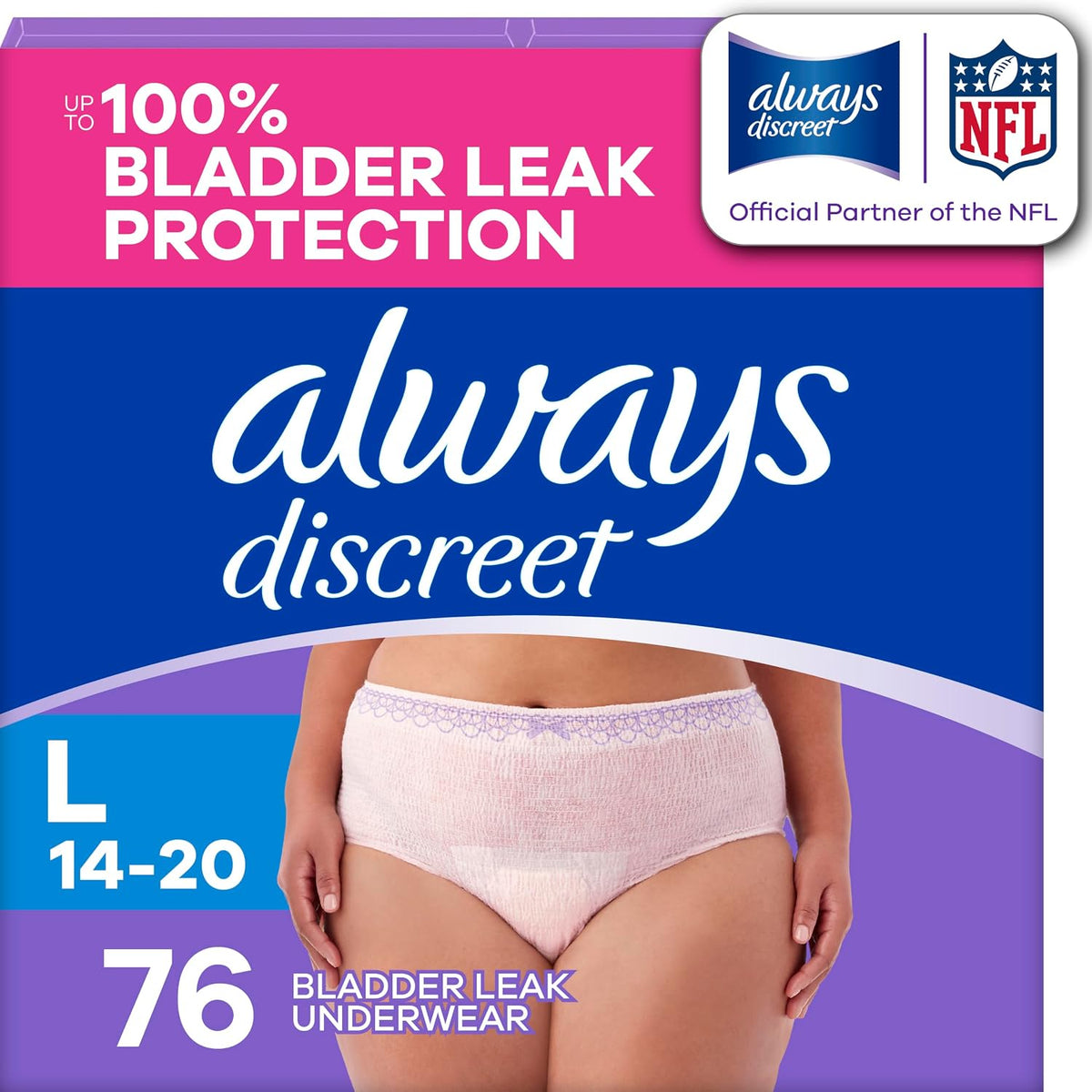 Always Discreet Maximum Absorbency Incontinence Underwear, Size L, 76 Count