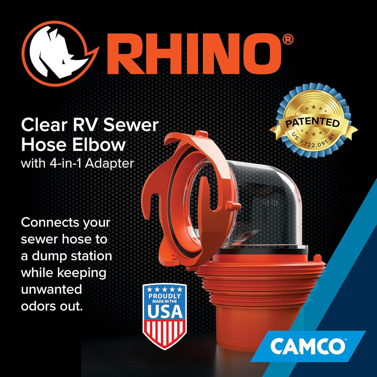 Camco RhinoFlex Clear RV Sewer Hose Elbow with 4-in-1 Adapter - view 3