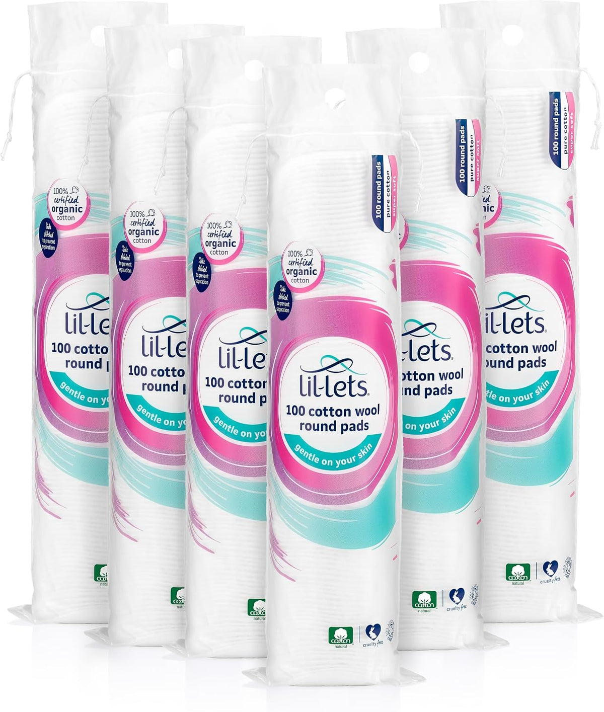 Lil-Lets Organic Cotton Wool Round Pads, 6 x 100 Count