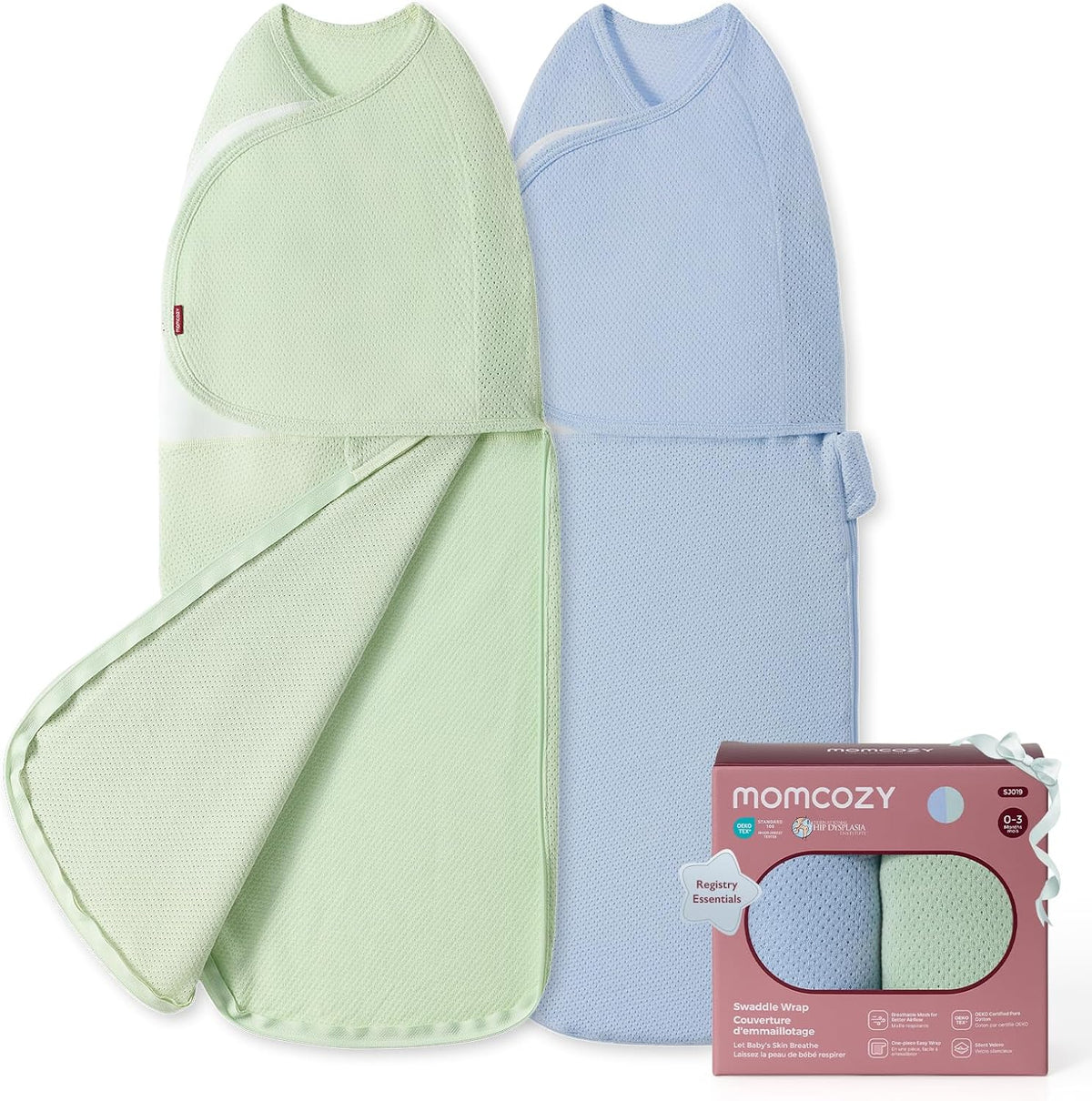 Momcozy Newborn Swaddle with Quiet Fastener, 0-3 Months, Sea Mist, Pack of 2 — product view