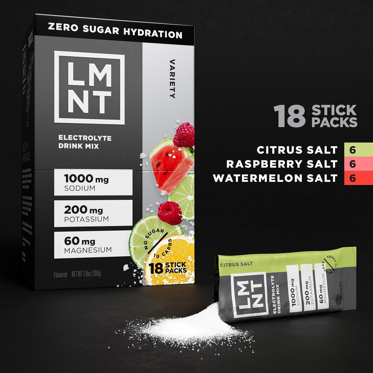 LMNT Zero Sugar Electrolyte Drink Mix, Variety Pack, 18 Stick Packs - view 6