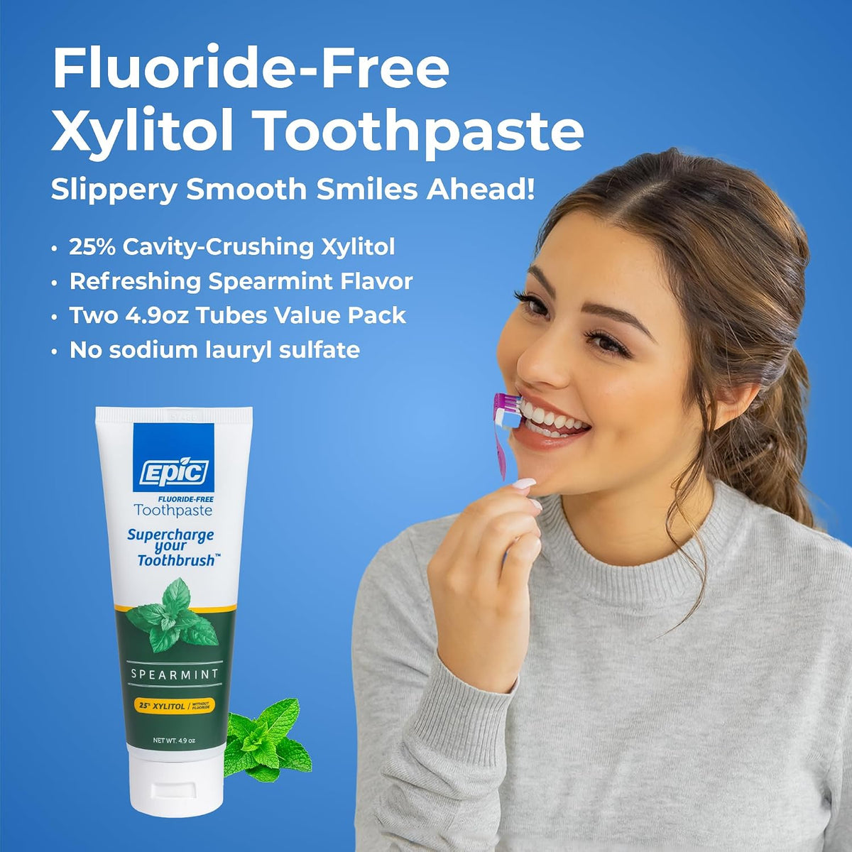 Epic Dental Fluoride-Free Xylitol Toothpaste, Spearmint, 4.9 oz, Pack of 2 - view 2