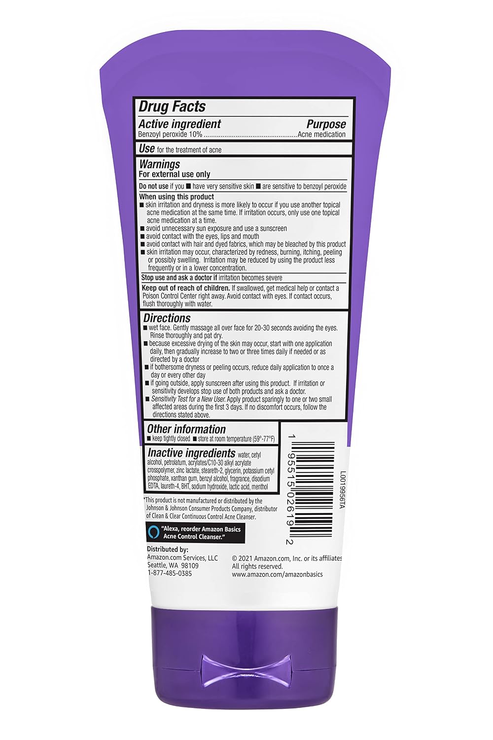 Amazon Basics Daily Acne Control Cleanser 10% Benzoyl Peroxide 5 oz (141 g)