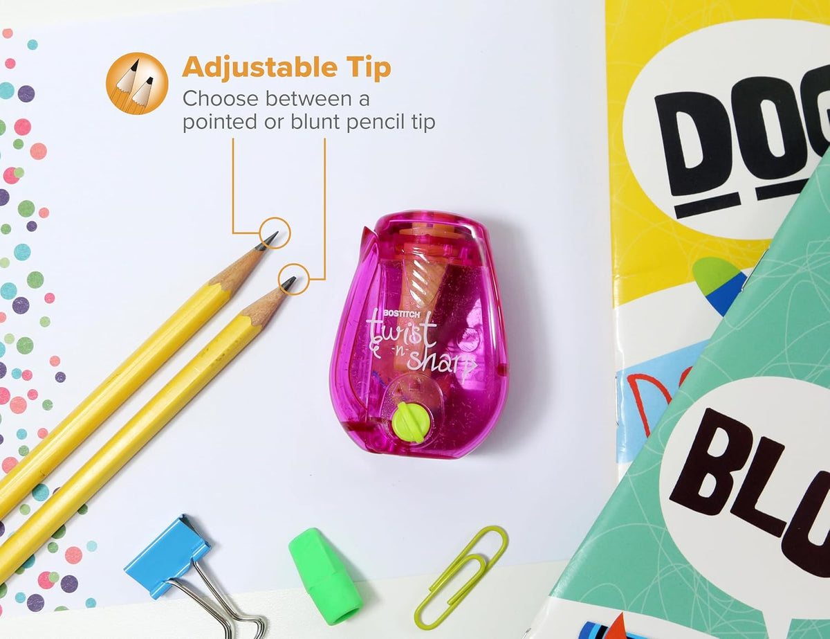 Bostitch Twist-n-Sharp Handheld Pencil Sharpener for Kids, Pink - view 2
