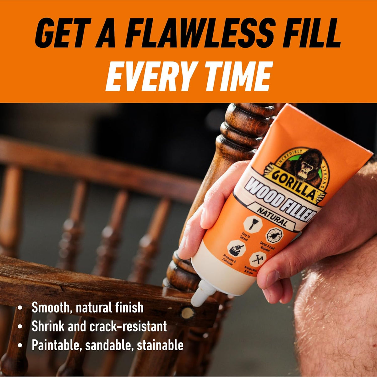 Gorilla All Purpose Wood Filler, Natural, 6 fl oz (180 ml) Tube - view 4