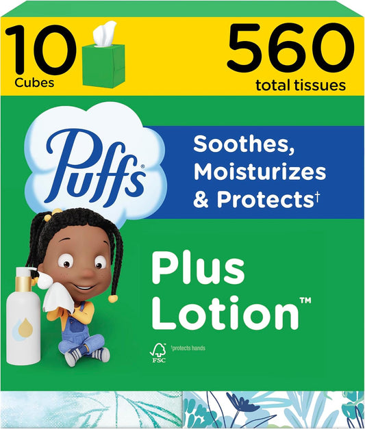 Puffs Plus Lotion Facial Tissues, 10 Cube Boxes of 56