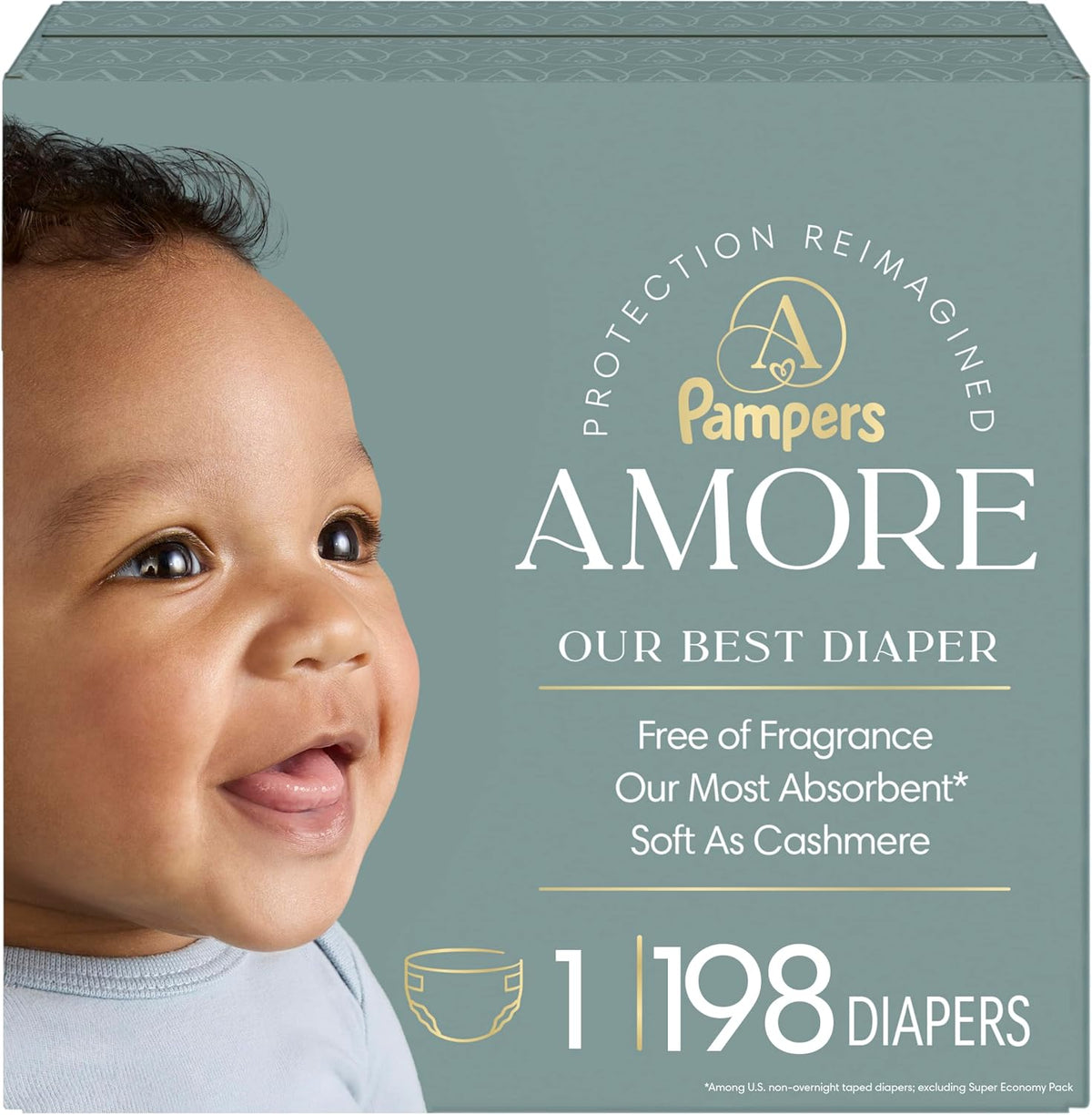 Pampers Amore Nappies Size 1 (8-14 lbs), 198 Count, Fragrance Free