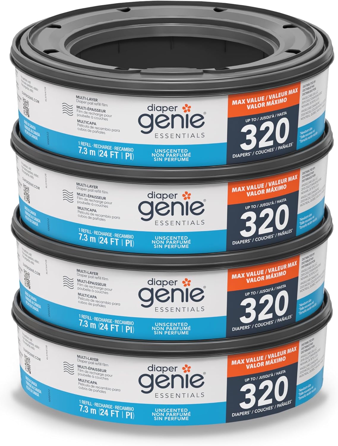 Diaper Genie Essentials Round Refills, 4 Pack, Unscented Continuous Film