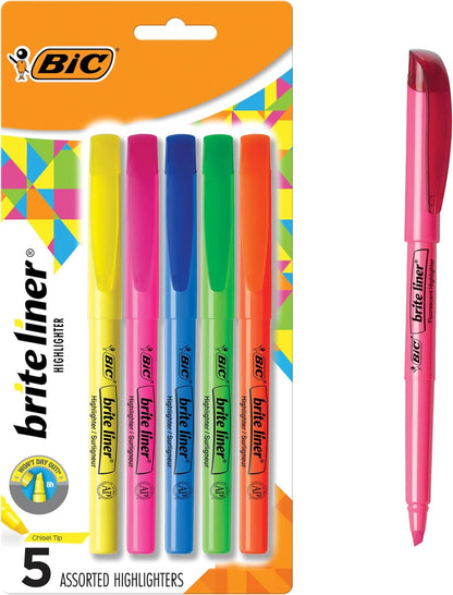 BIC Brite Liner Highlighters, Chisel Tip, Assorted Colours, 5 Count