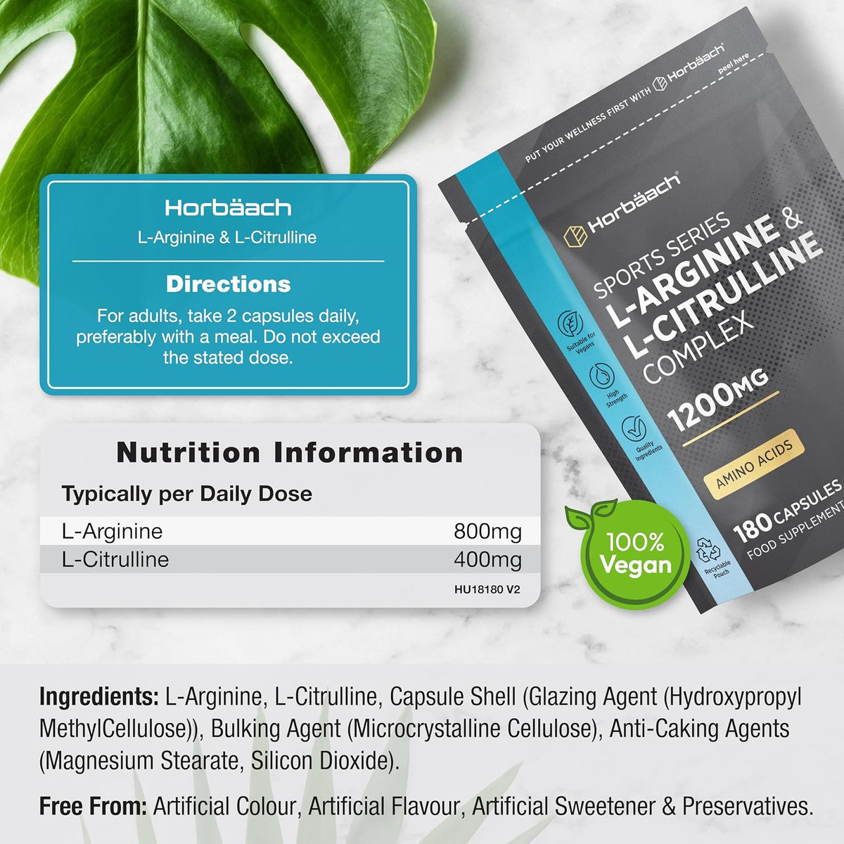 Horbäach L-Arginine and L-Citrulline 1200mg Capsules - 180 Count - view 3