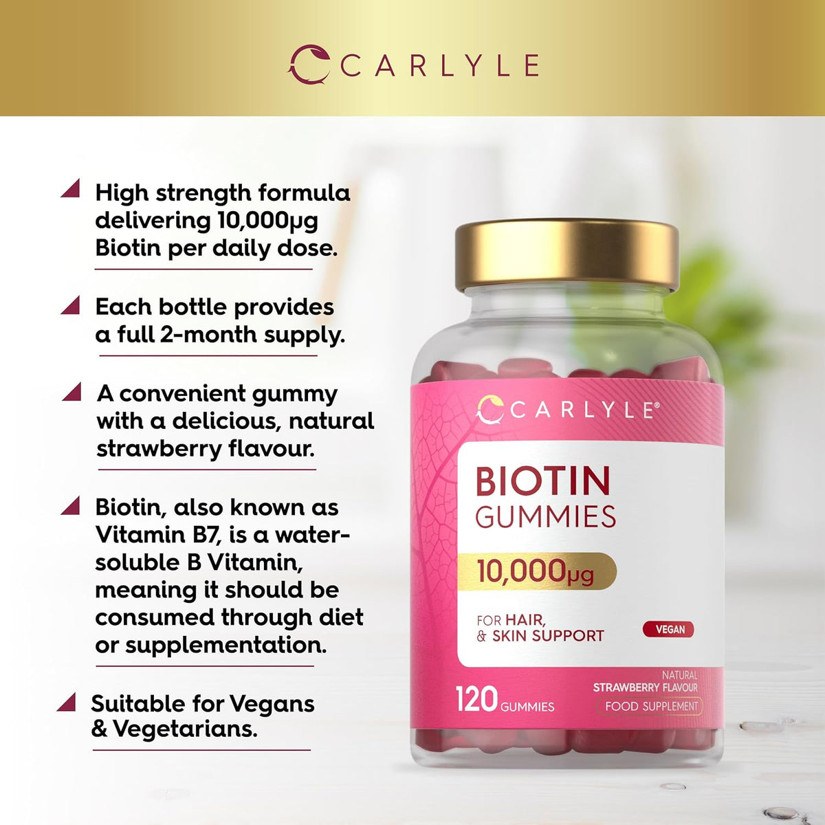 Carlyle Biotin Gummies 10,000 mcg, Strawberry Flavour, 120 Count - view 2