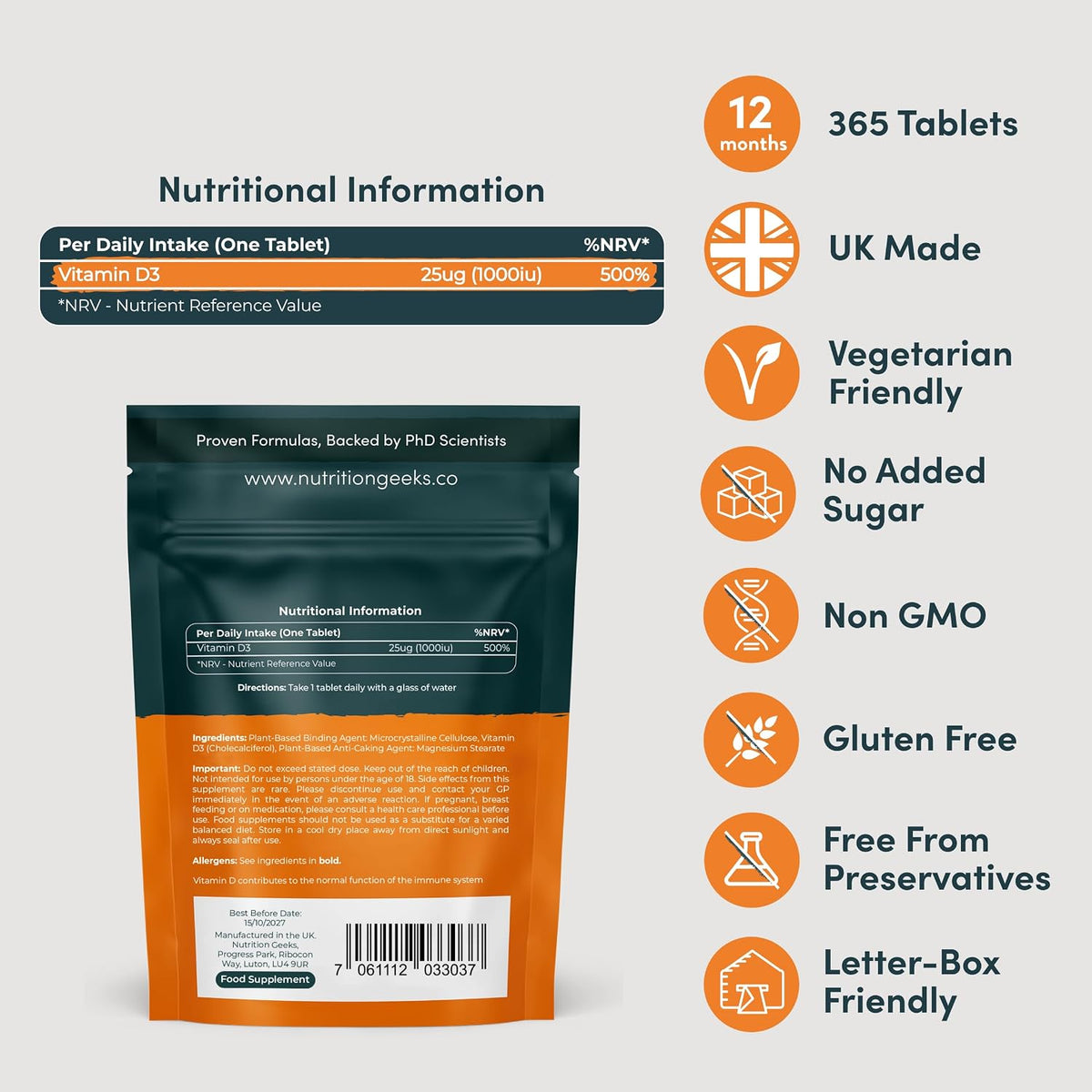Nutrition Geeks Vegan Vitamin D3 1000iu Tablets, 180 Count - view 6