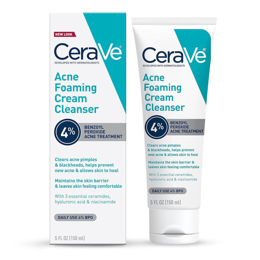 Cerave Acne Foaming Cream Cleanser 5 oz with 4% benzoyl peroxide, shown with its packaging box highlighting acne treatment benefits.