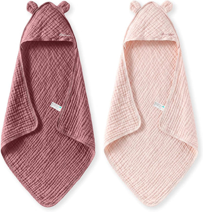 Momcozy 6-Layer Muslin Cotton Hooded Baby Towels, 32 x 32 Inch, Pink